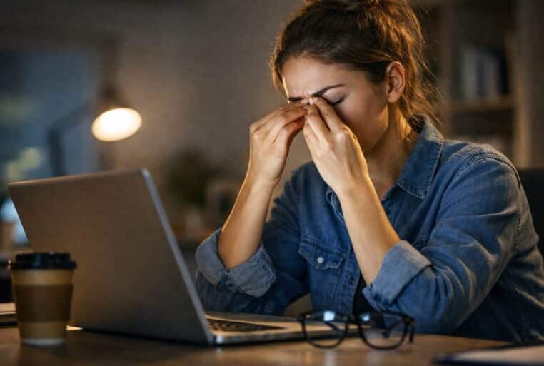 Fatigue visuelle numérique : une femme se frotte les yeux après de longues heures devant un ordinateur portable.