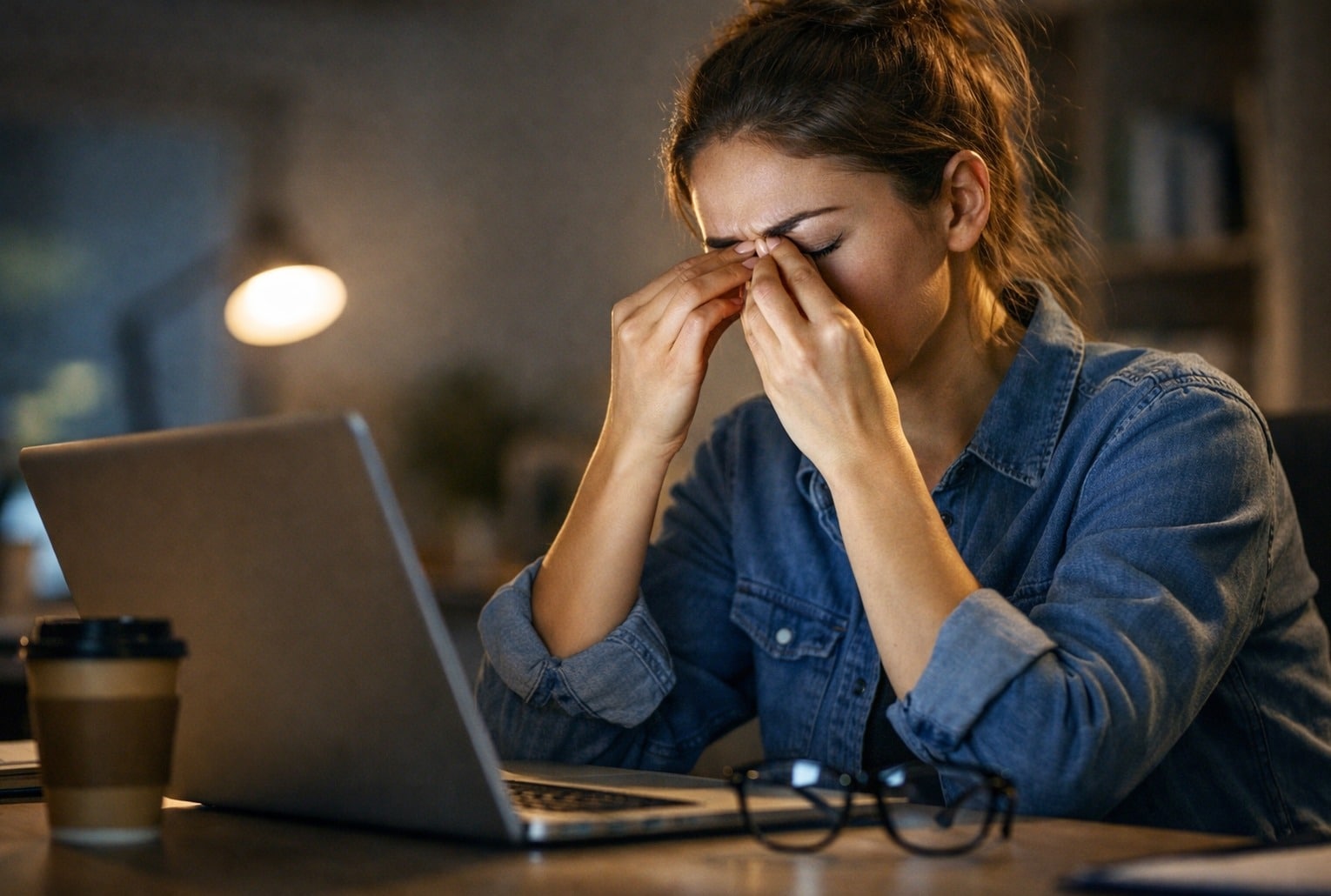 Fatigue visuelle numérique : une femme se frotte les yeux après de longues heures devant un ordinateur portable.