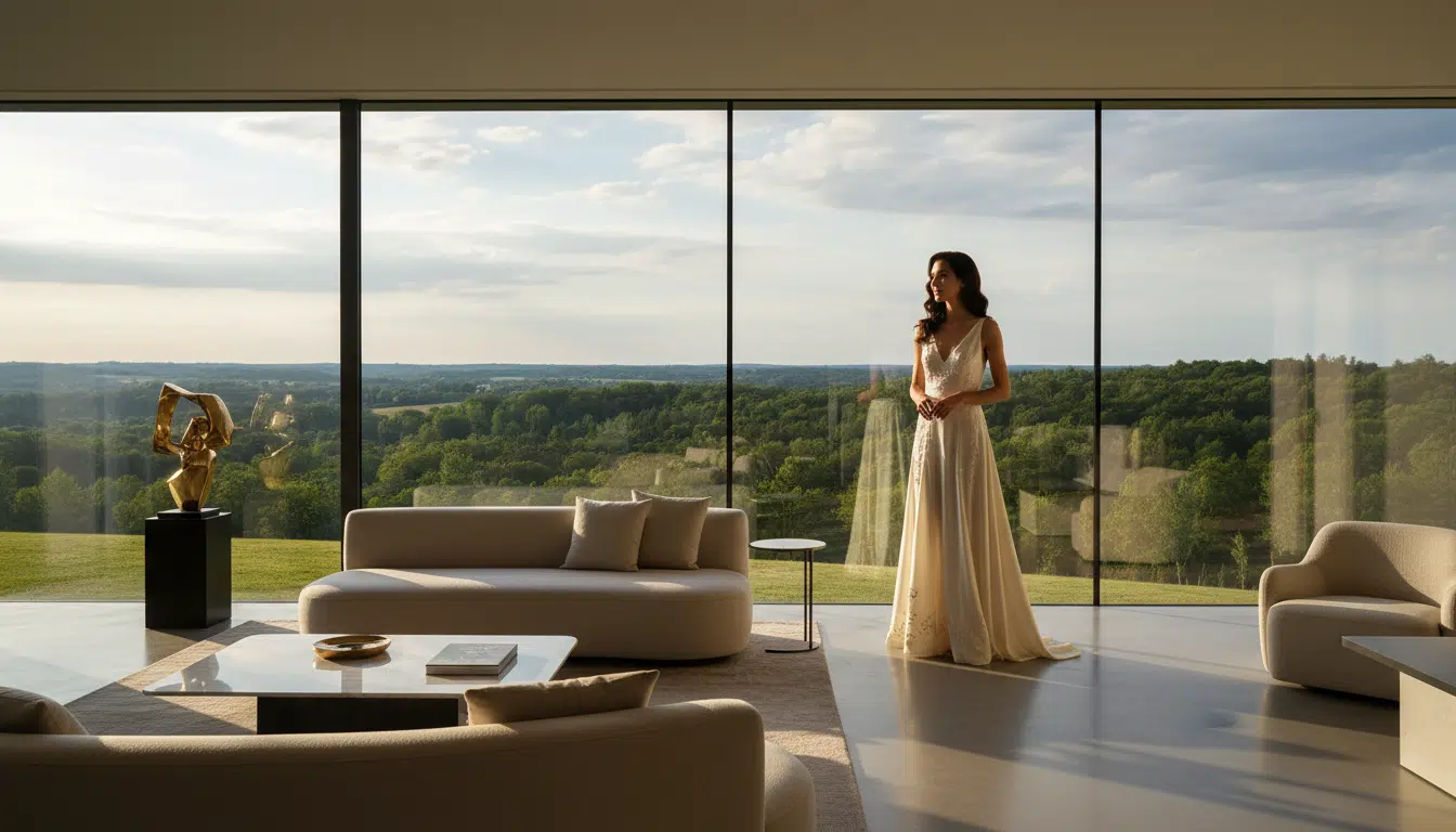 Femme admirant une villa de luxe en forêt vosgienne