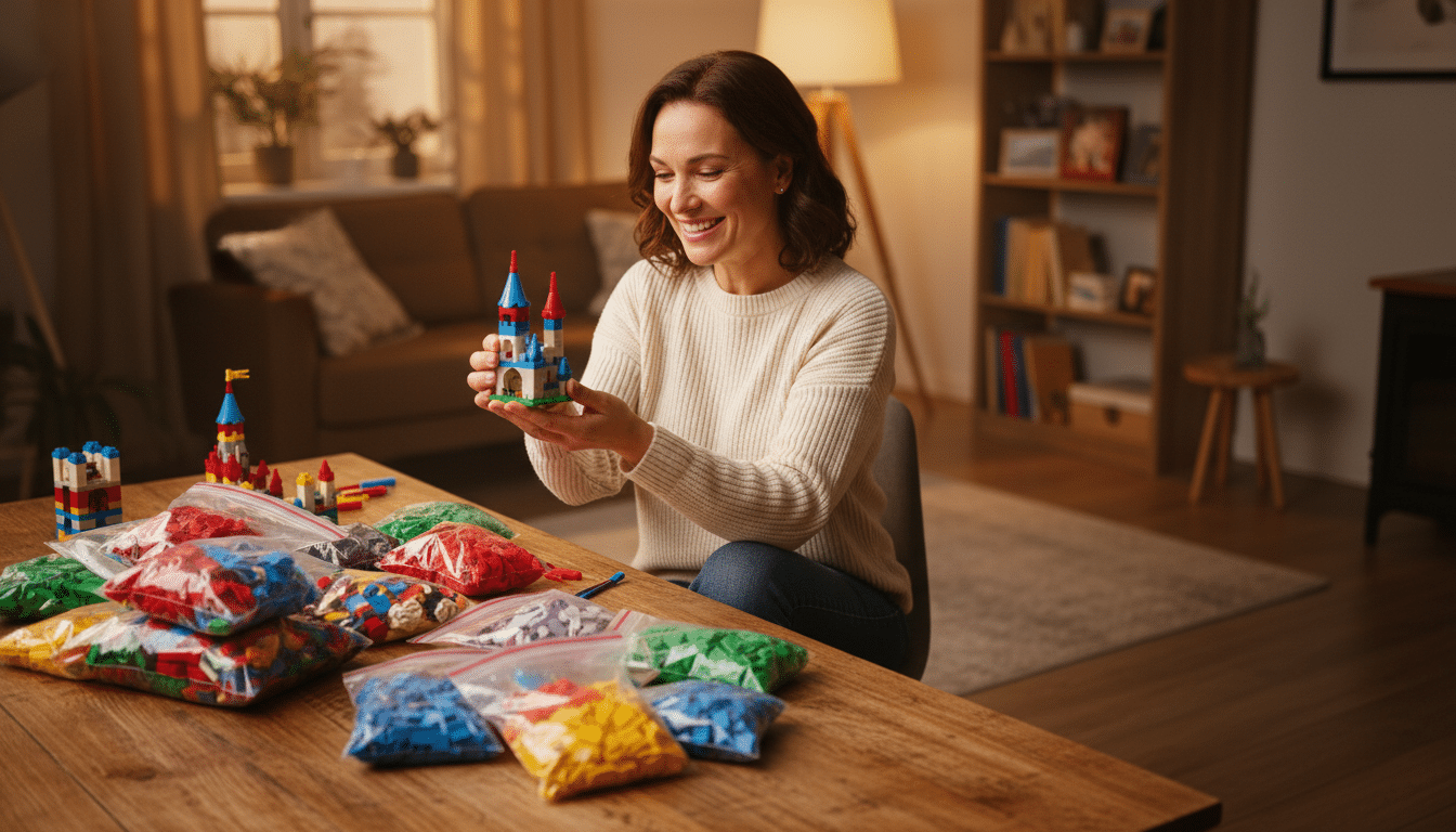 Femme adulte construisant un set Lego à la maison