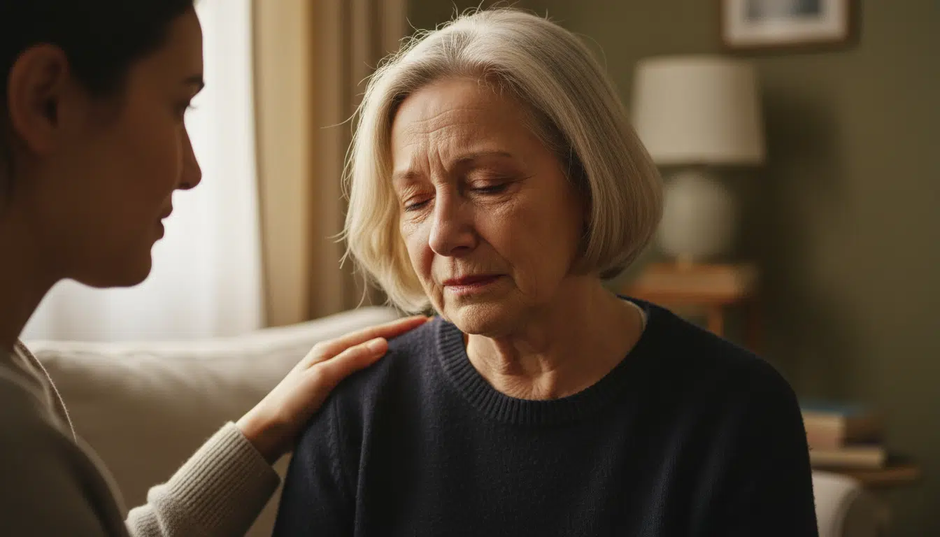 Femme âgée réconfortée après un deuil douloureux
