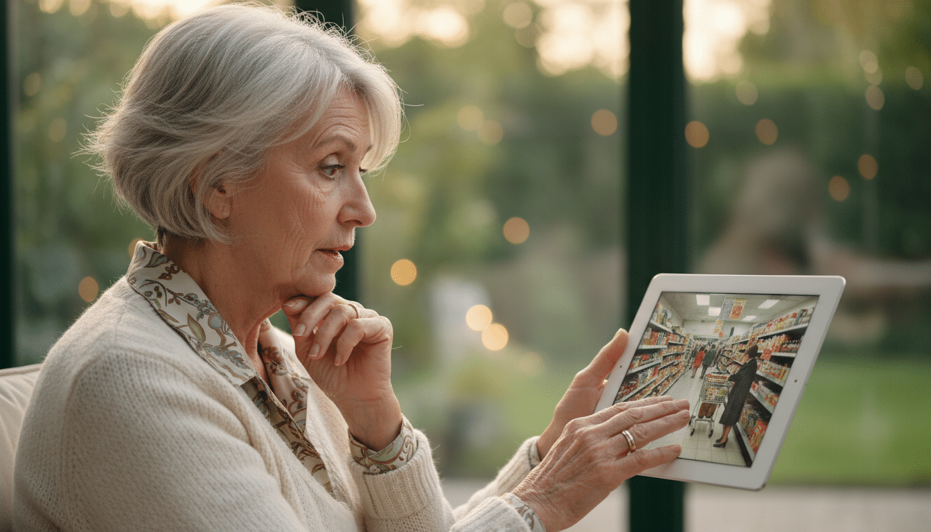 Femme âgée regardant une photo de vieux supermarché sur une tablette