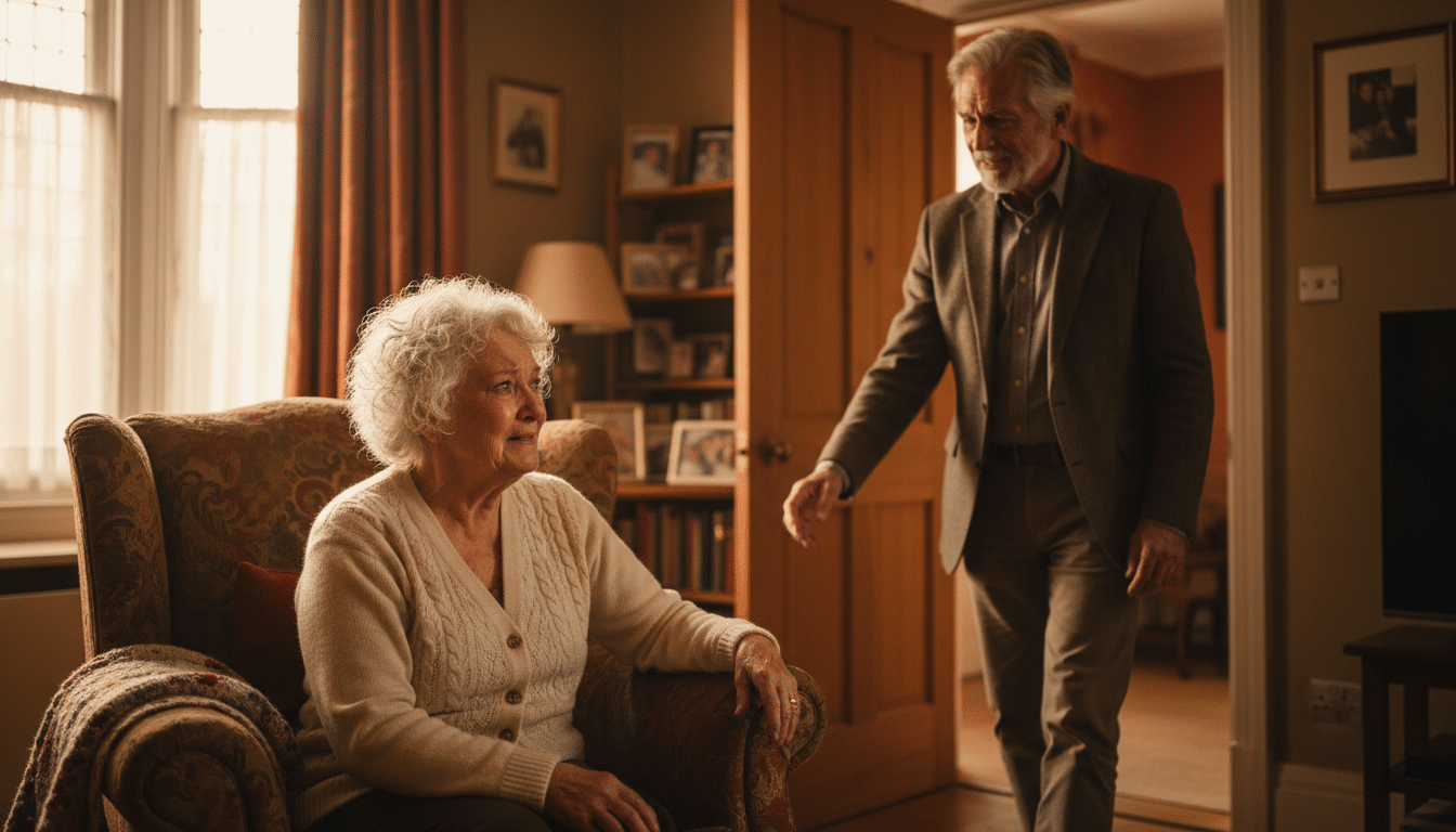 Femme âgée retrouvant son mari avec émotion et larmes