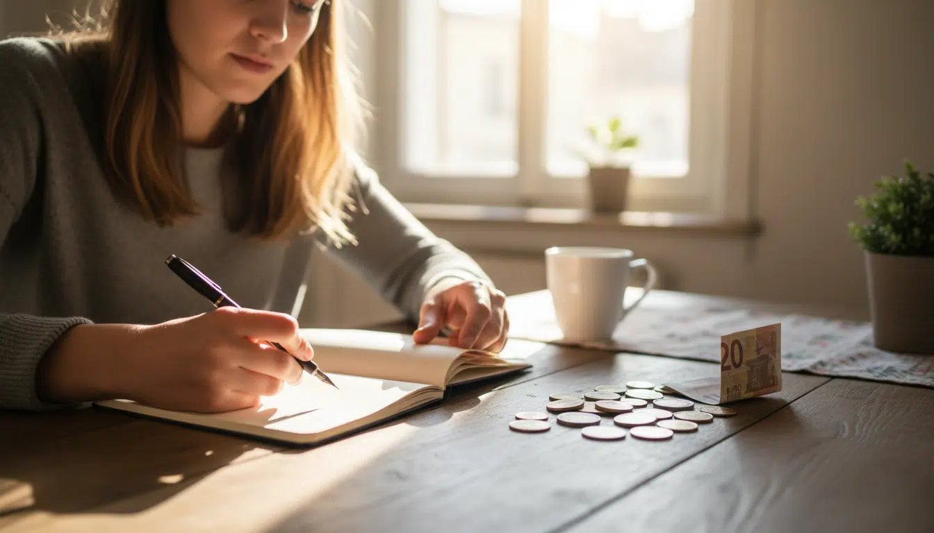 Femme calculant son budget mensuel avec des billets et pièces