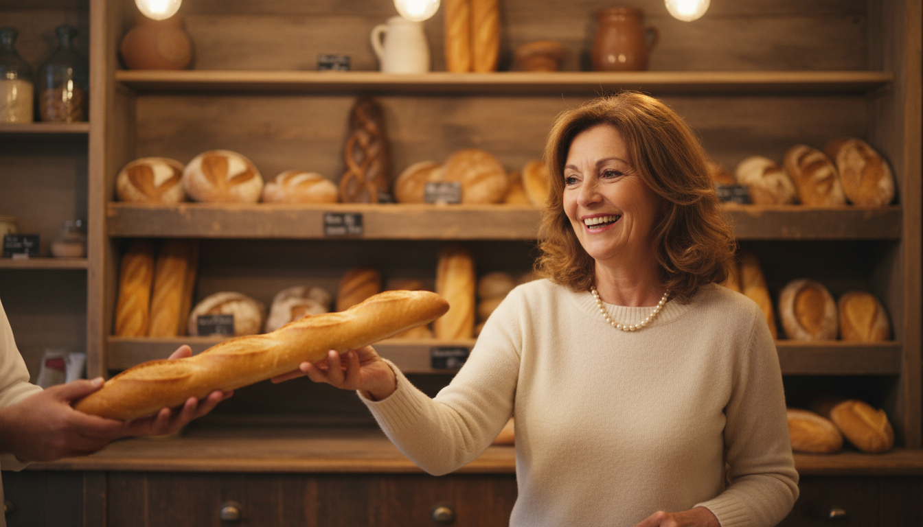 Femme choisissant une baguette dans une boulangerie française