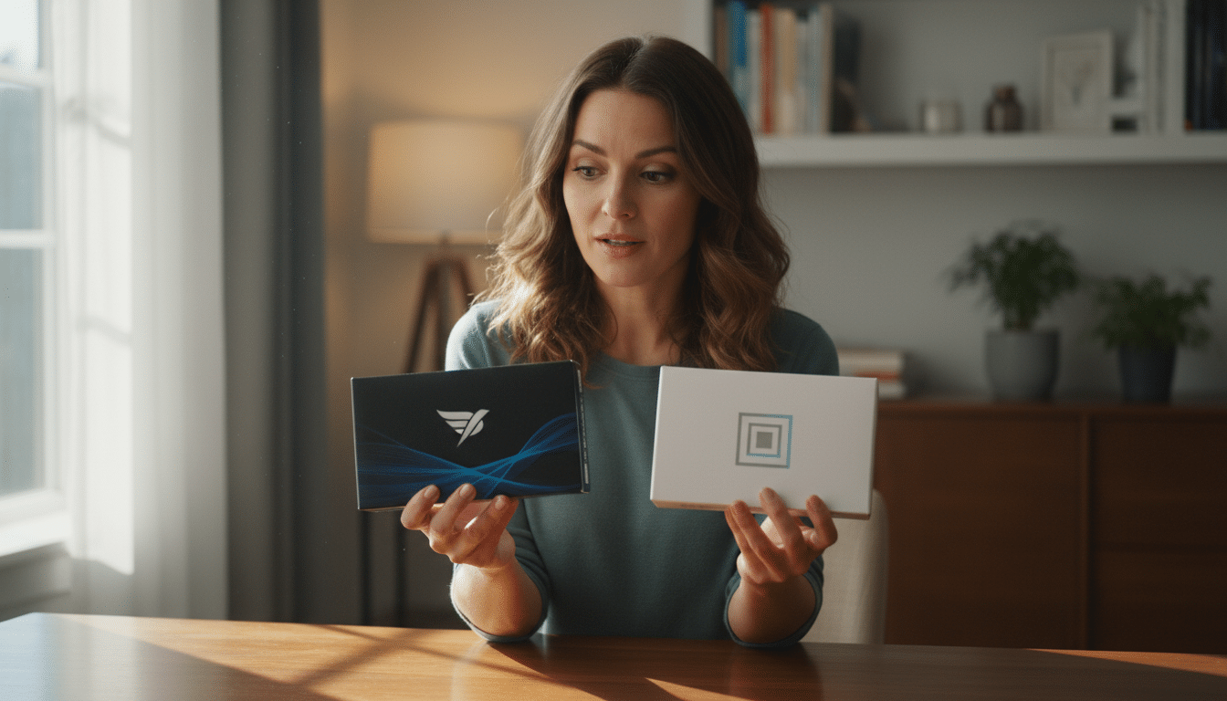 Femme comparant deux cartouches d'imprimante