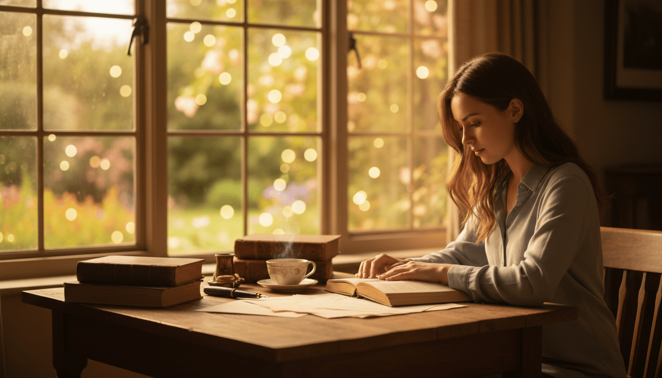Femme concentrée seule à son bureau lumière dorée