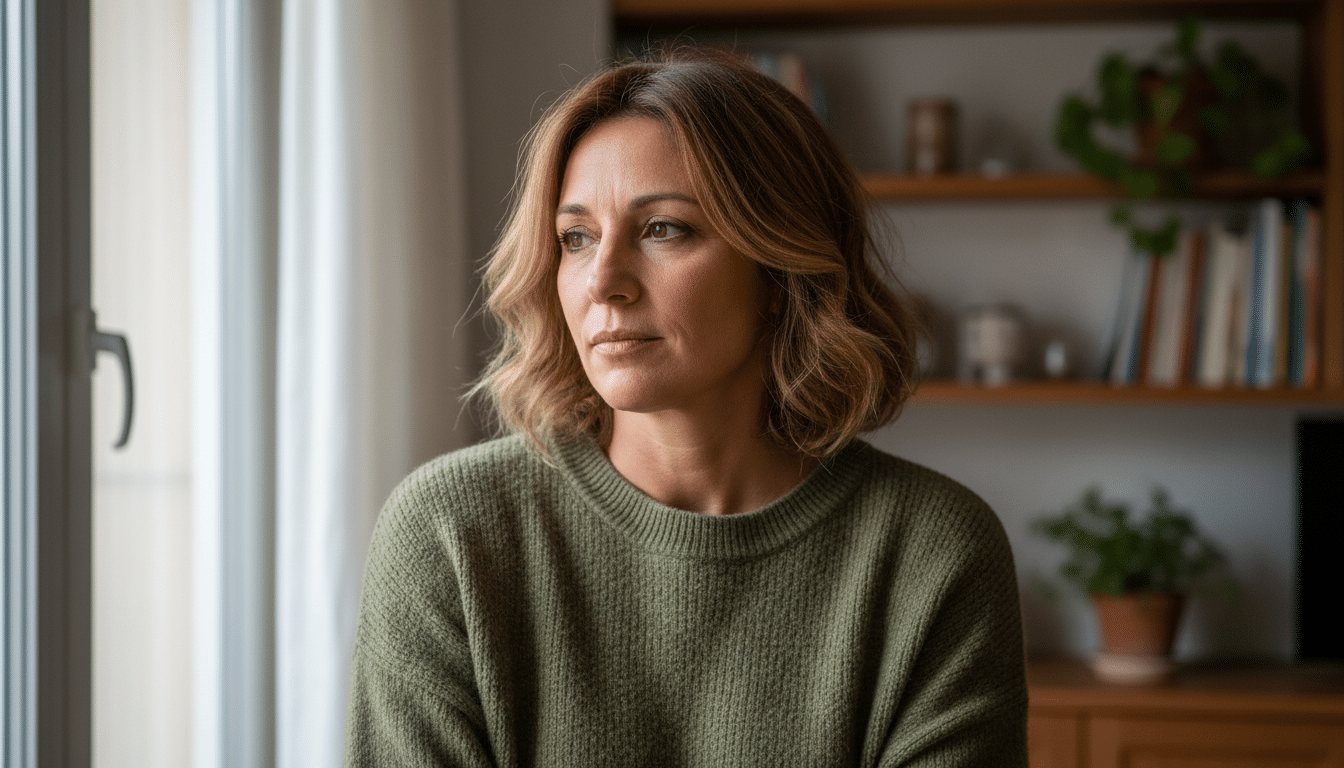 Femme d'âge moyen au regard mélancolique et fort