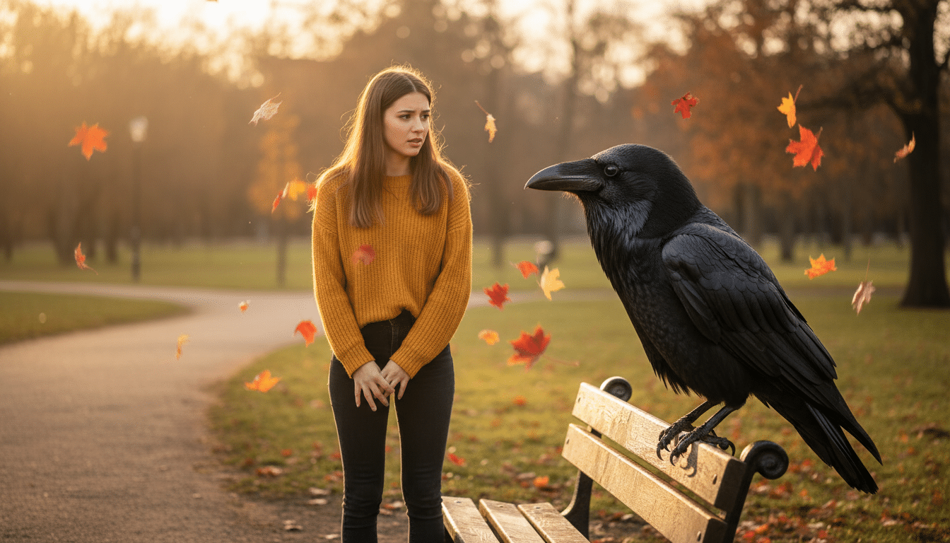 Femme dans un parc fixée par un corbeau curieux