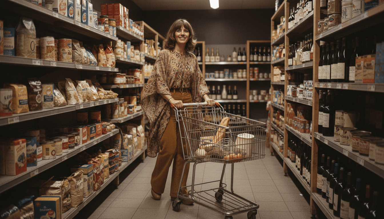 Femme des années 70 faisant ses courses au supermarché