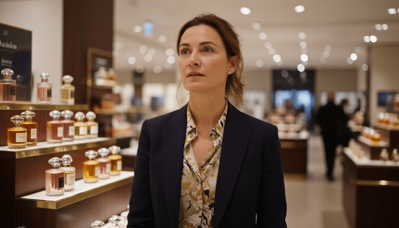 Femme devant un comptoir de parfumerie de luxe