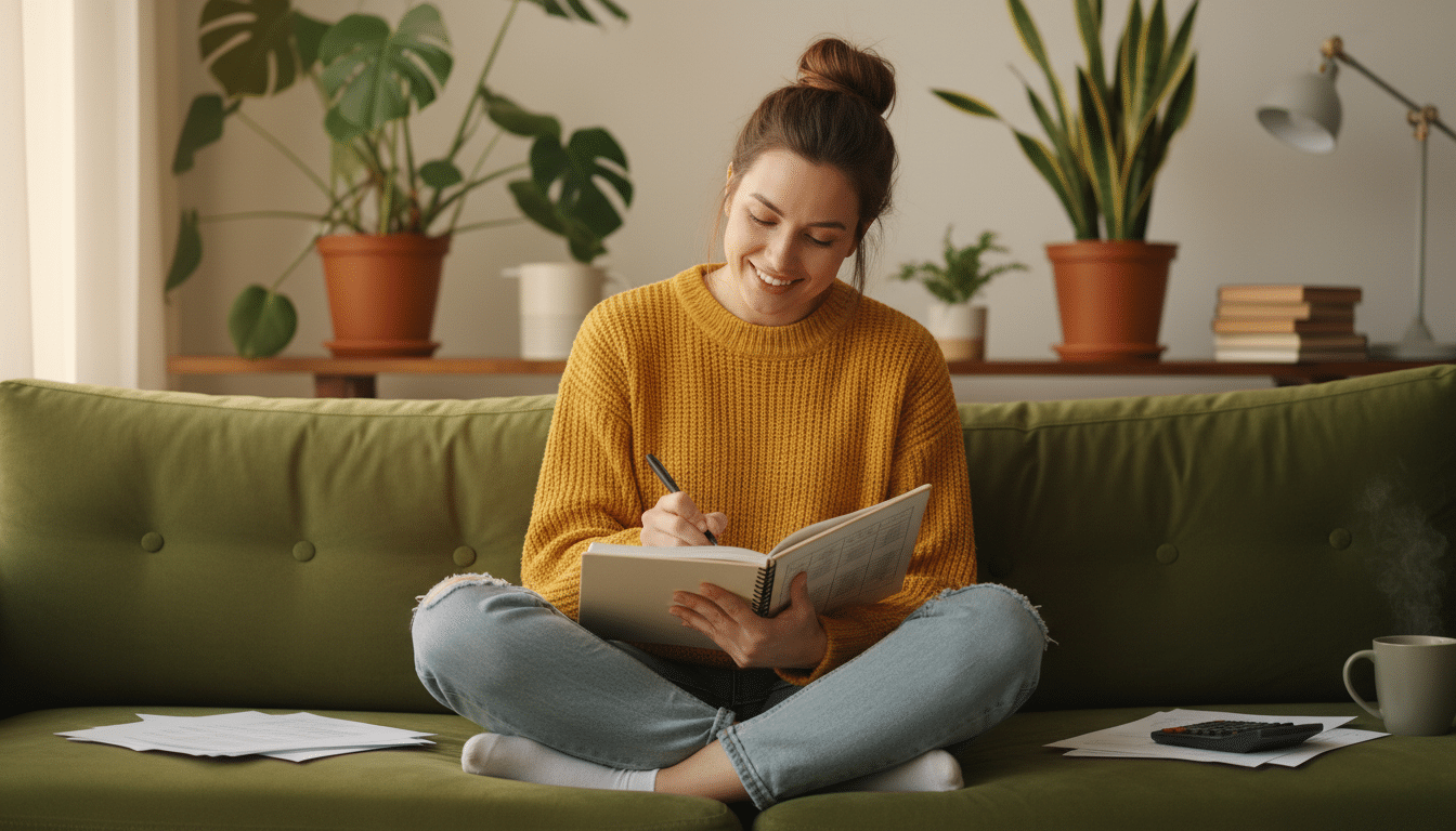 Femme écrivant son budget mensuel sur un carnet