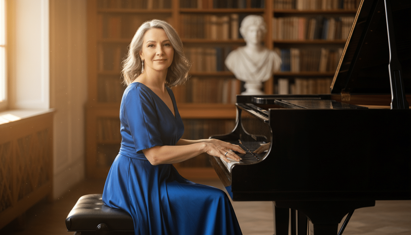 Femme élégante jouant du piano dans la lumière naturelle