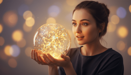 Femme émerveillée tenant une sphère lumineuse représentant des cellules
