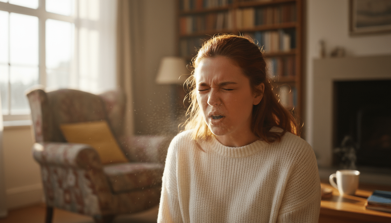 Femme en plein éternuement les yeux clos