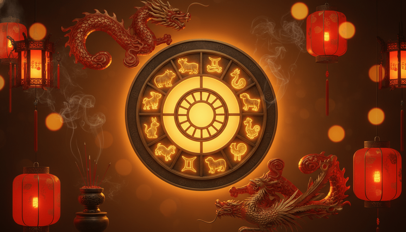 Femme en robe traditionnelle chinoise entourée de symboles du zodiaque dans une forêt de bambous mystique