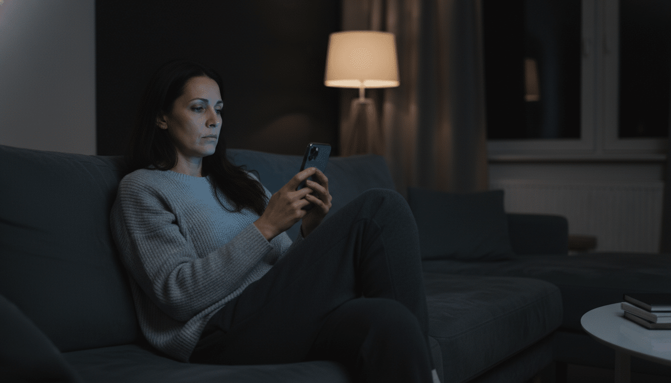 Femme fatiguée regardant son téléphone la nuit
