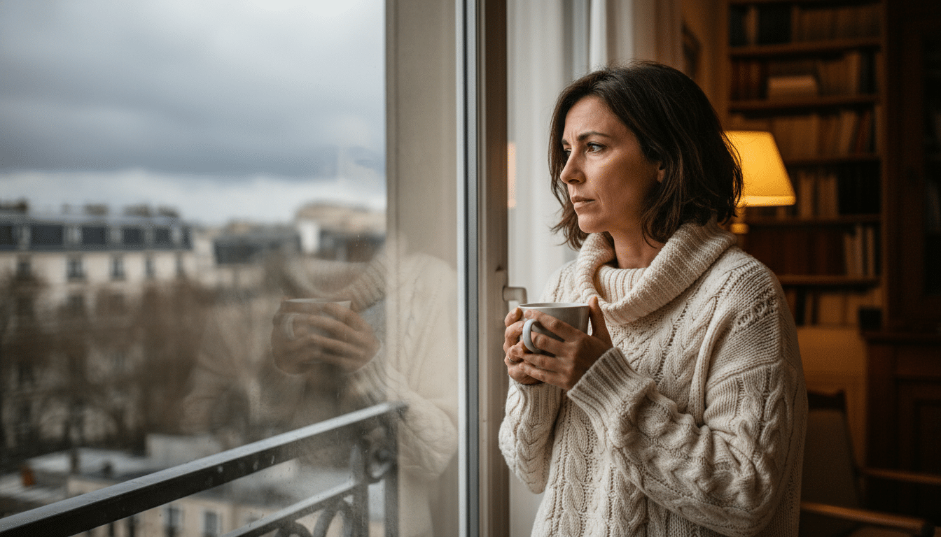 Femme française regardant le ciel gris un lundi matin