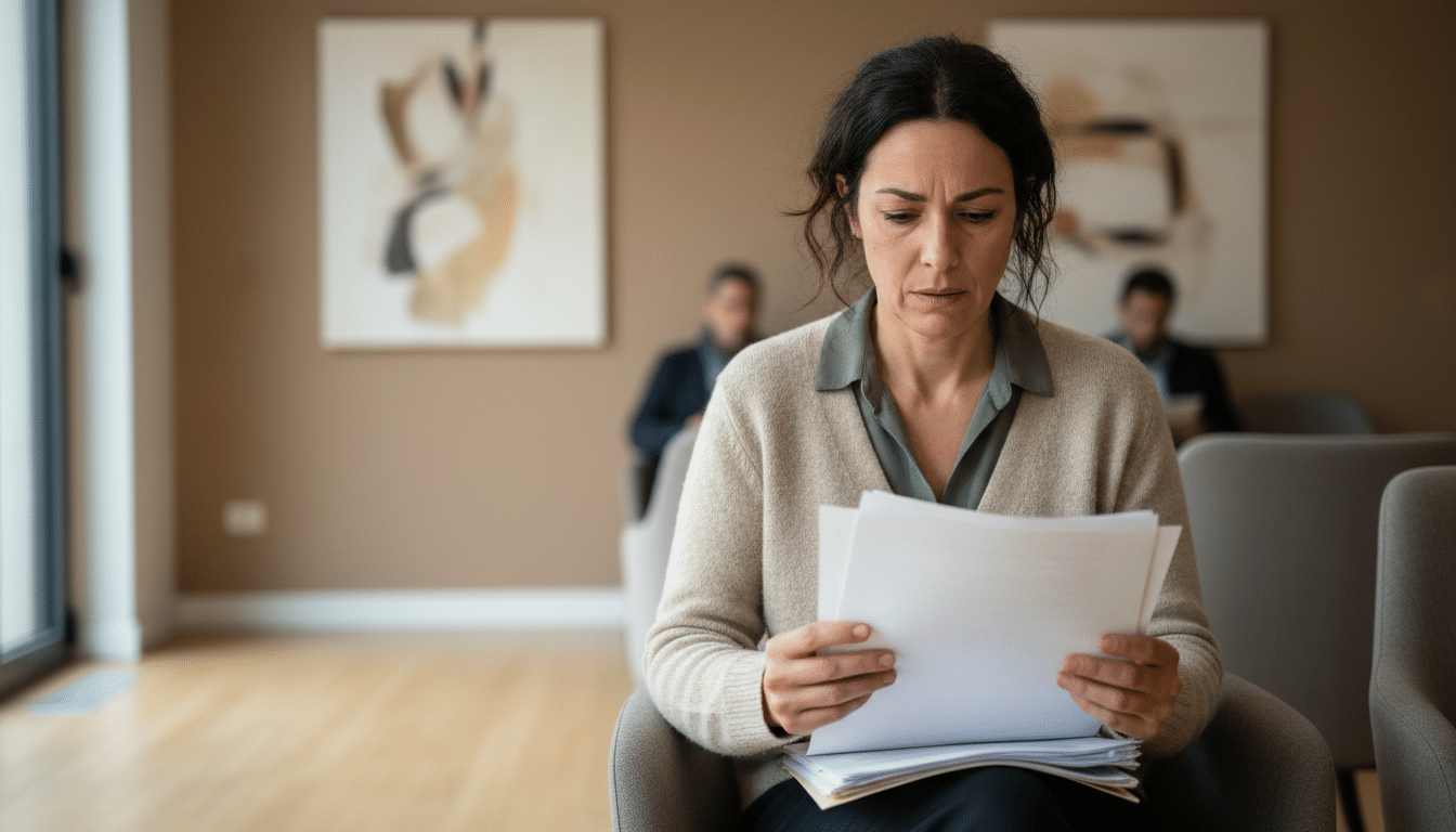 Femme inquiète tenant des papiers médicaux