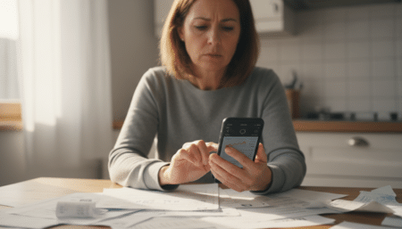 Femme inquiète vérifiant son application bancaire