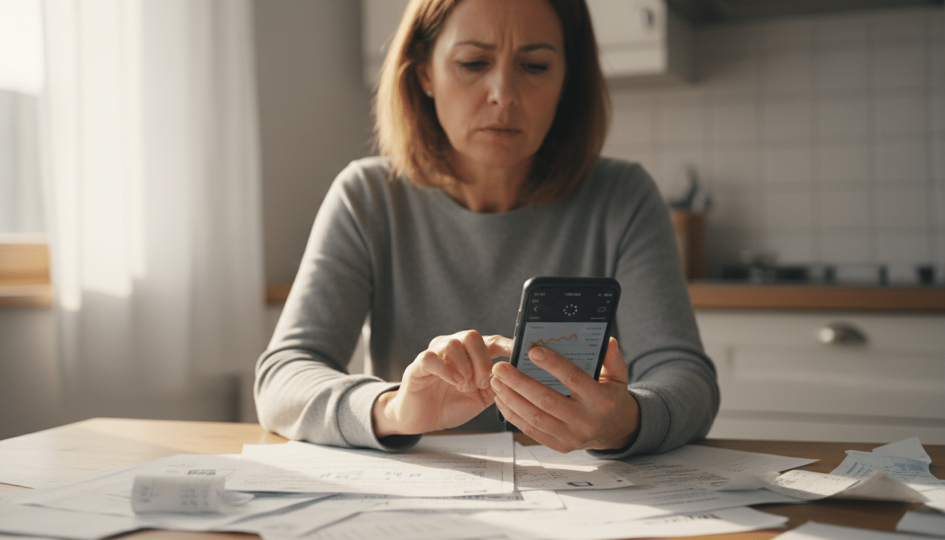 Femme inquiète vérifiant son application bancaire