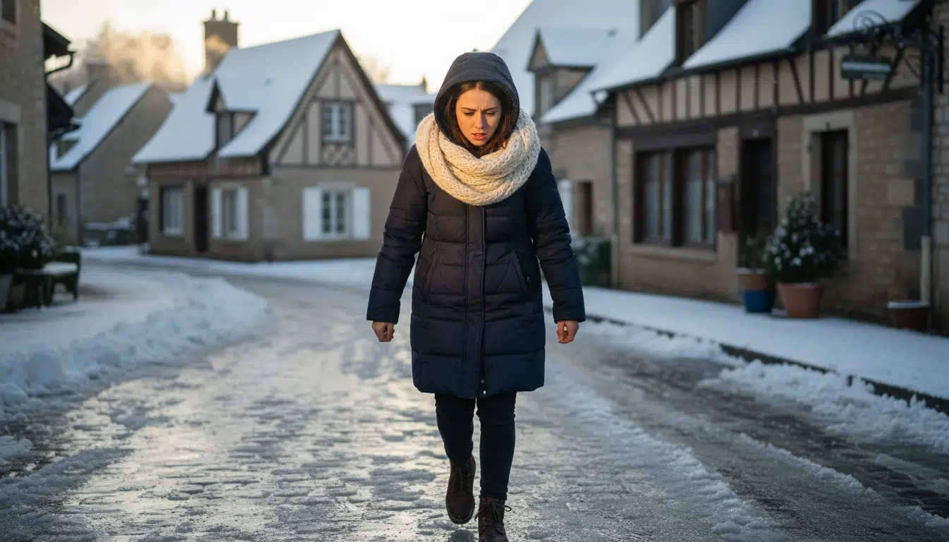 Femme marchant prudemment sur un trottoir verglacé