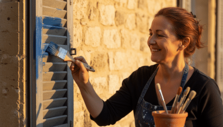 Femme peignant un volet en bleu en Provence
