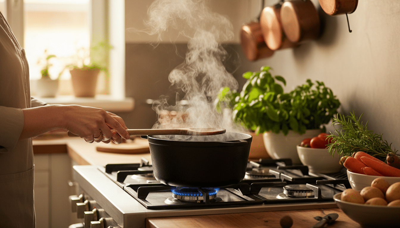 Femme posant une cuillère en bois sur une casserole fumante