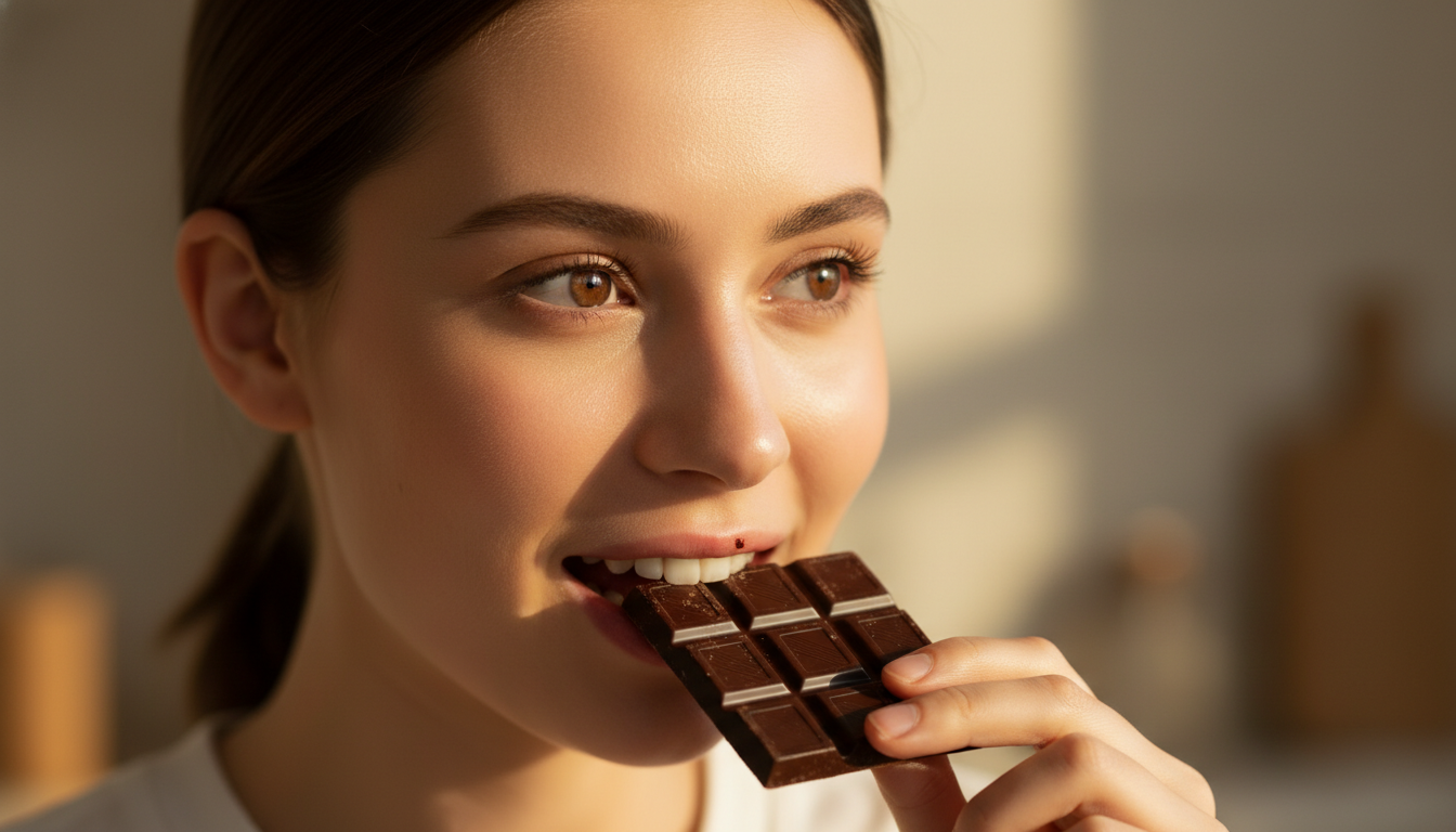 Femme qui croque du chocolat noir avec surprise