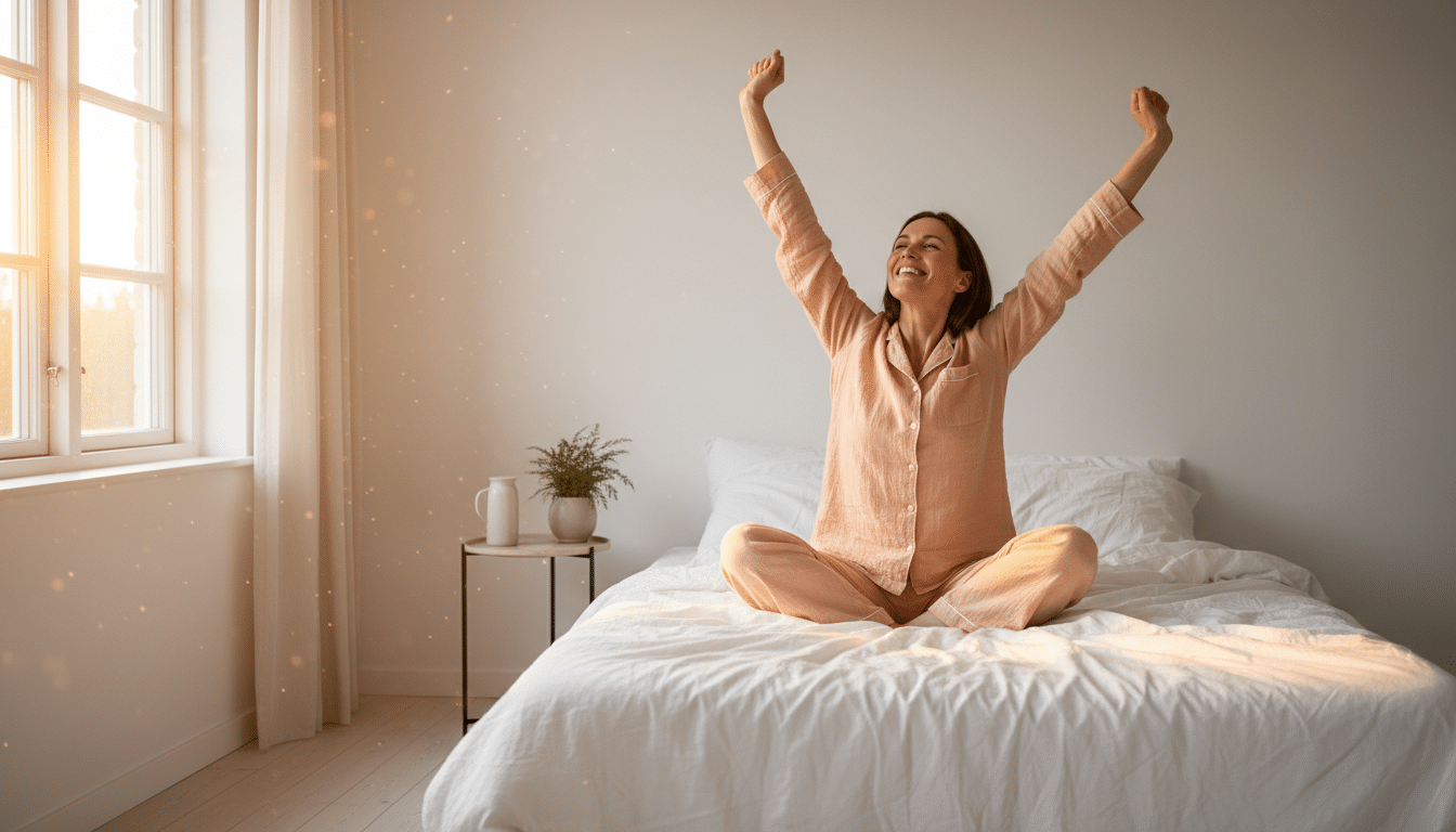 Femme qui s'étire au réveil dans la lumière du matin