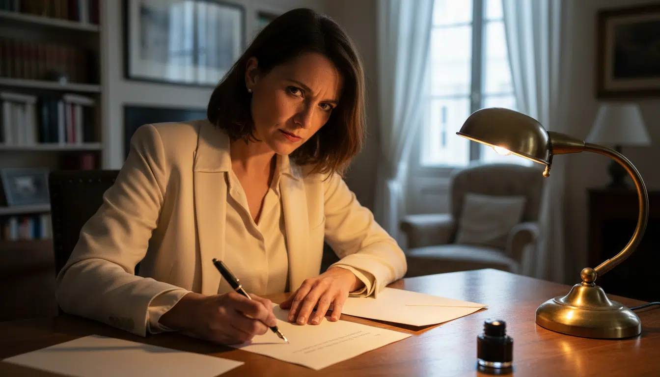 Femme rédigeant une lettre de mise en demeure avec détermination