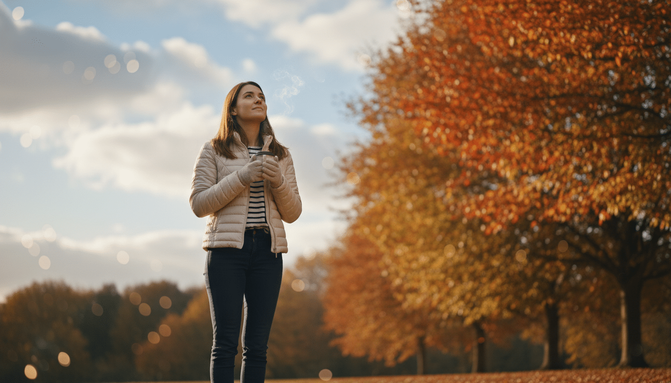 Femme regardant le ciel nuageux un dimanche matin