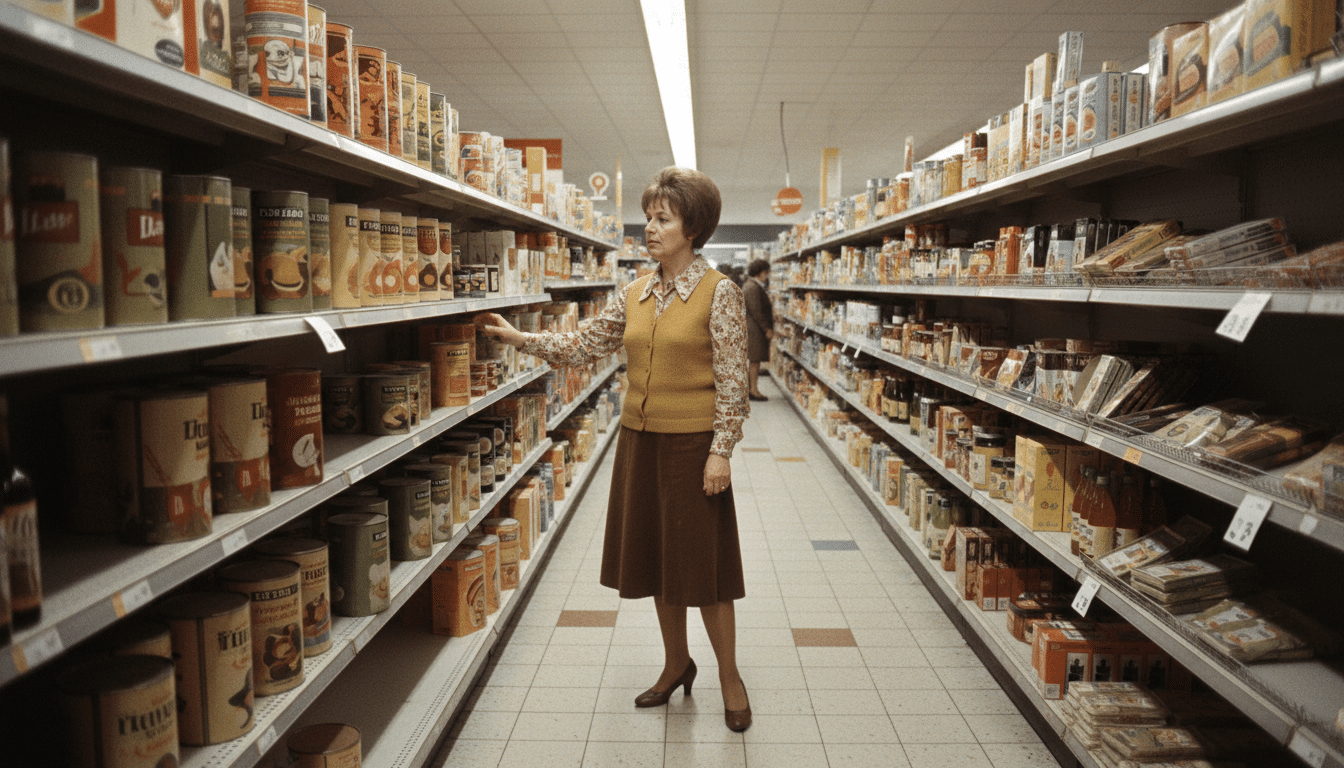 Femme regardant les rayons d'un supermarché des années 70