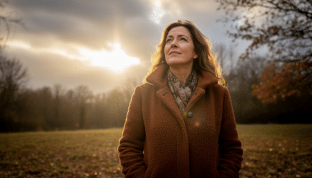 Femme regardant un ciel contrasté entre soleil et nuages