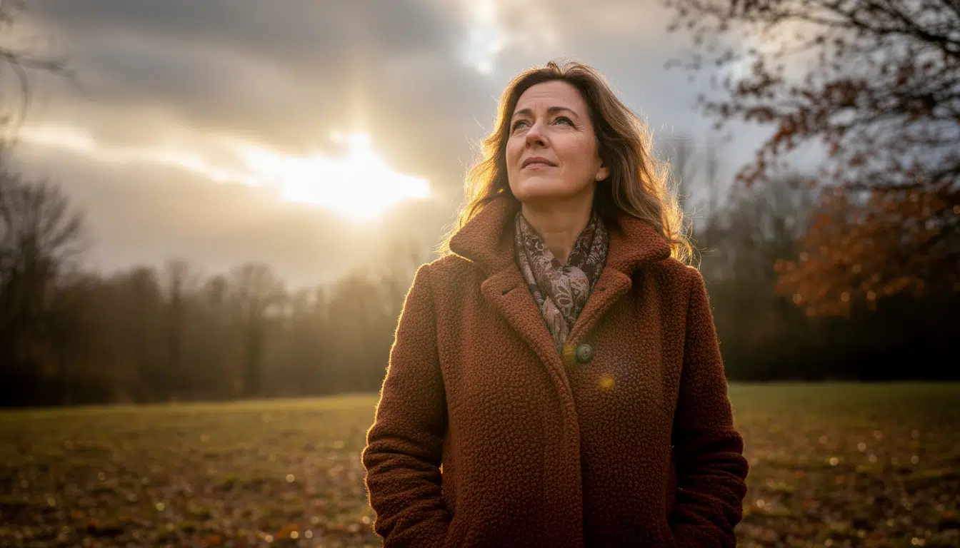 Femme regardant un ciel contrasté entre soleil et nuages