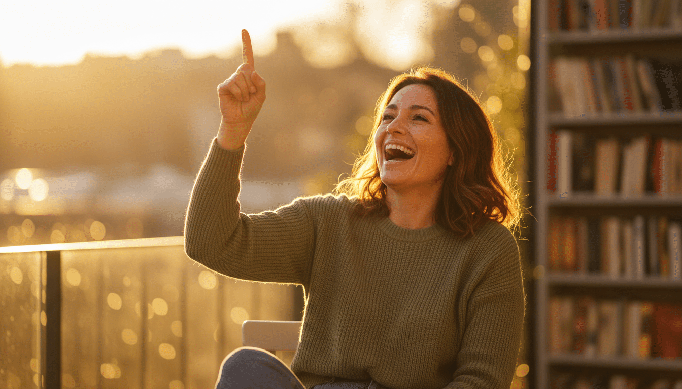 Femme riant avec geste de découverte joyeuse
