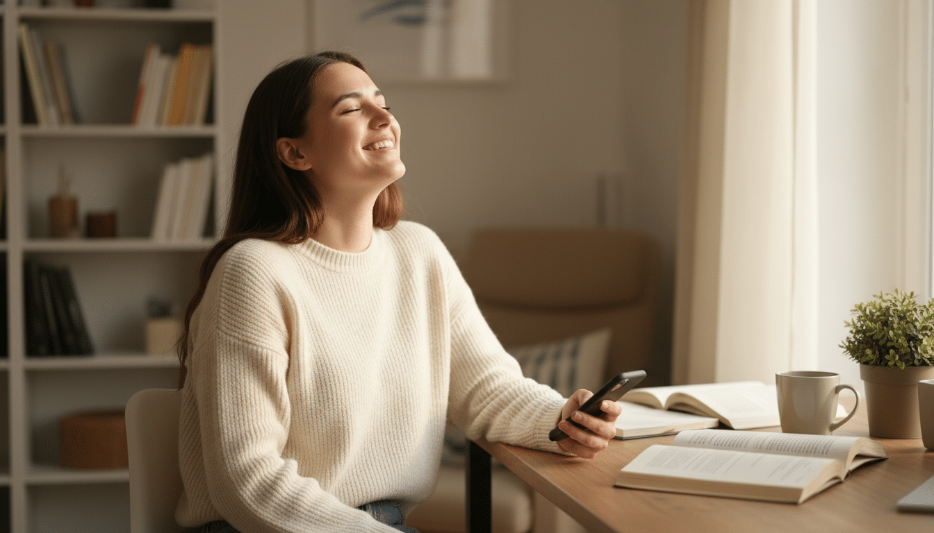 Femme soulagée consultant son téléphone