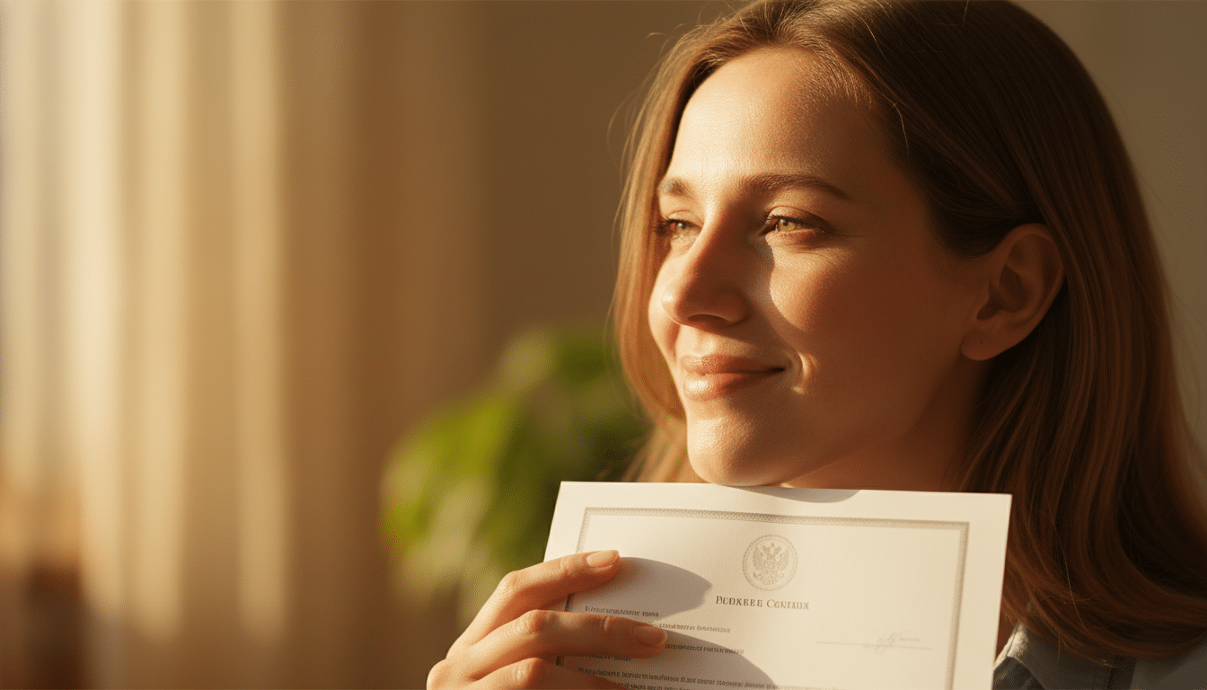 Femme soulagée tenant un document officiel