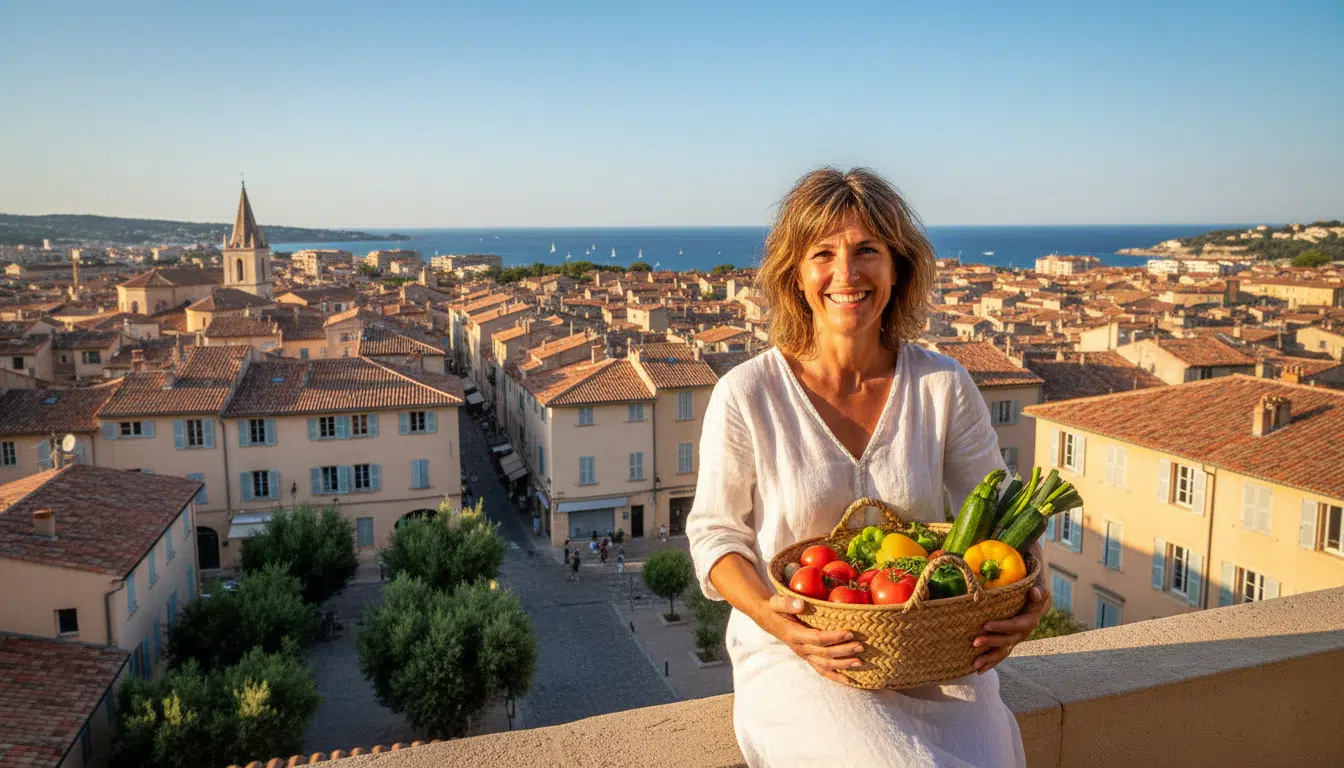 Femme souriante dans une ville ensoleillée du Sud