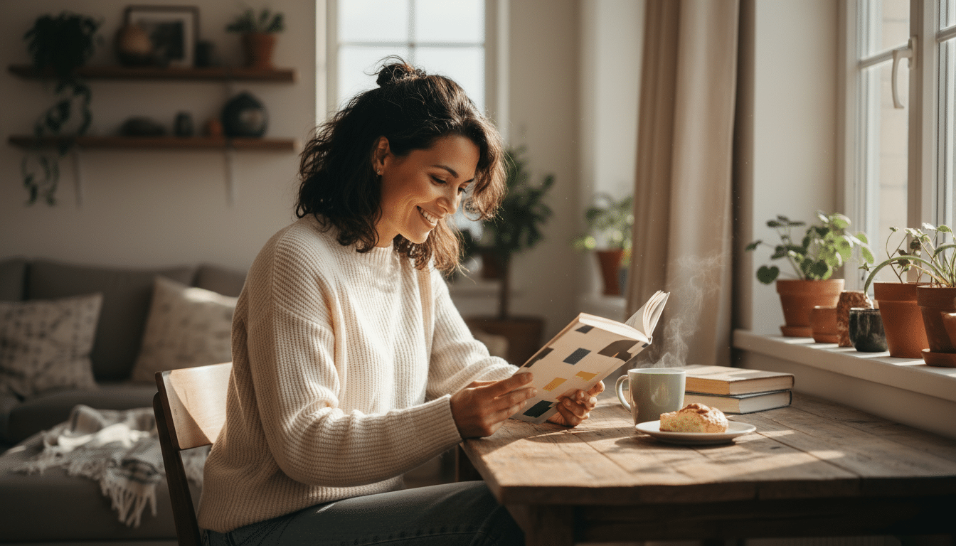 Femme souriante lisant un livre à la lumière naturelle