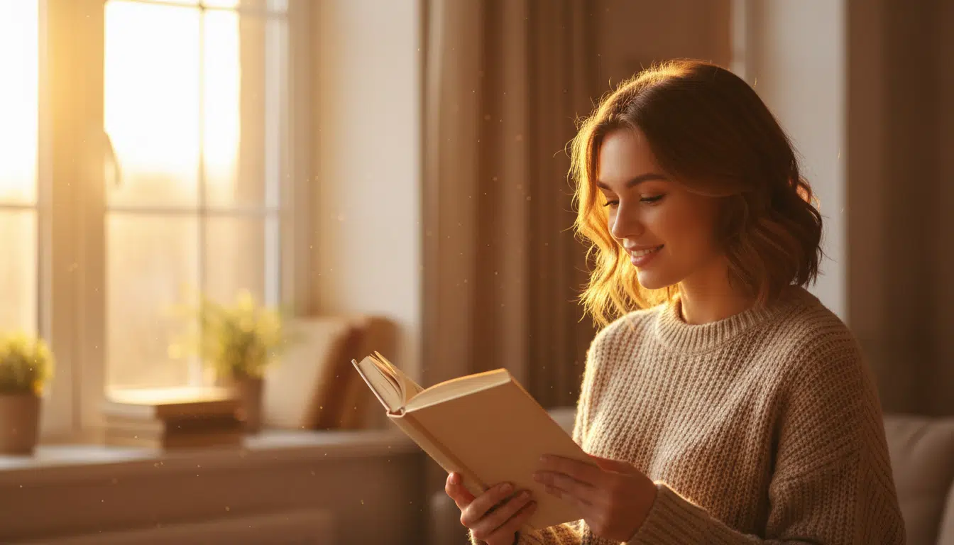 Femme souriante lisant un livre près d'une fenêtre