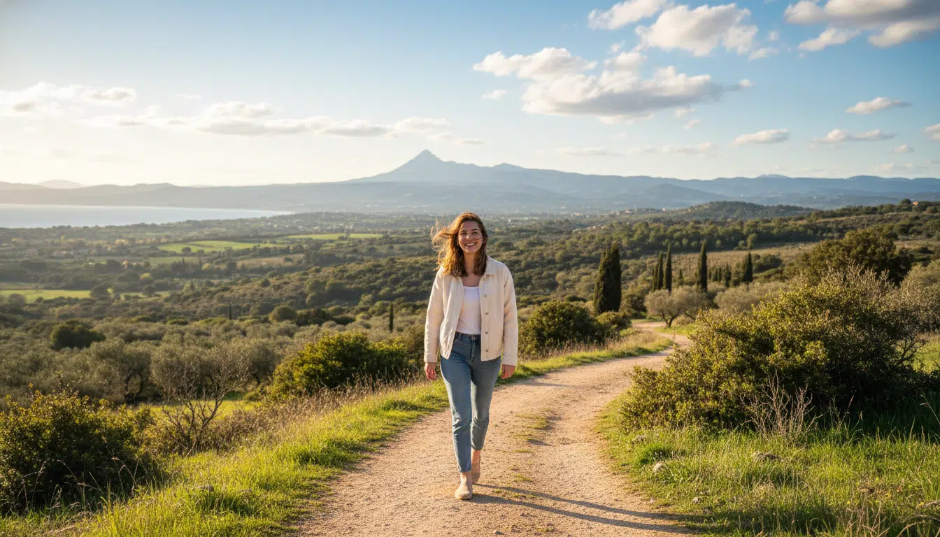 Femme souriante marchant sous le soleil du sud de la France