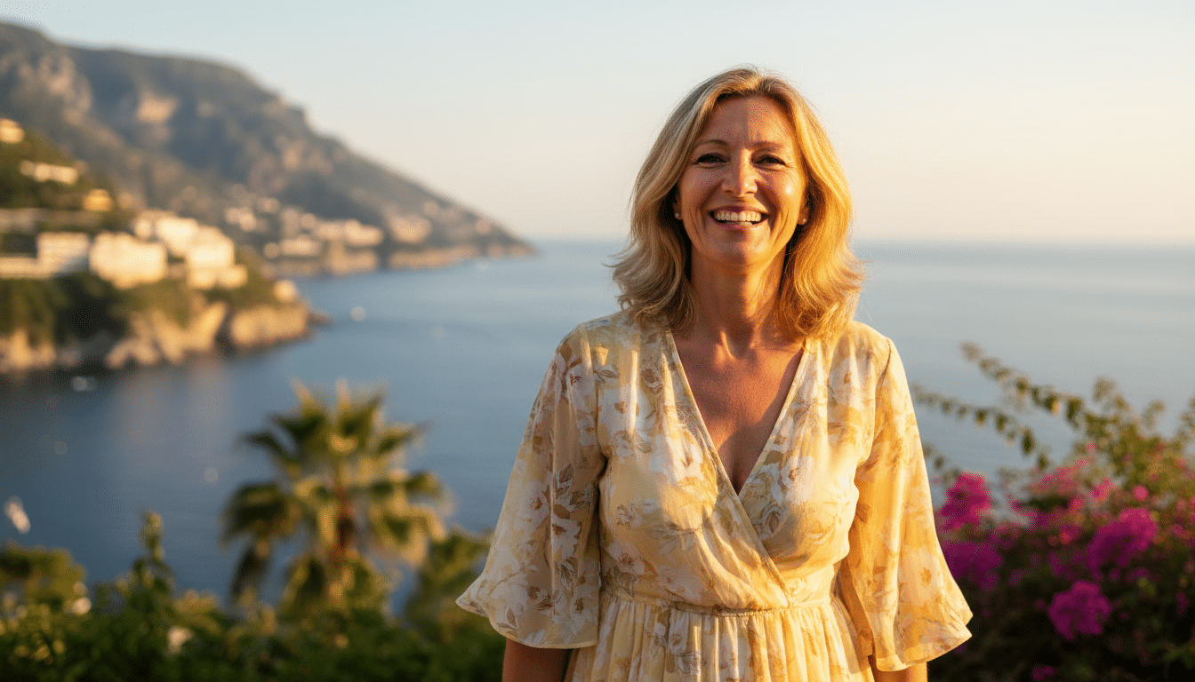 Femme souriante profitant du soleil méditerranéen en France