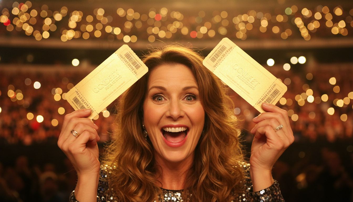 Femme souriante tenant deux billets de concert dorés
