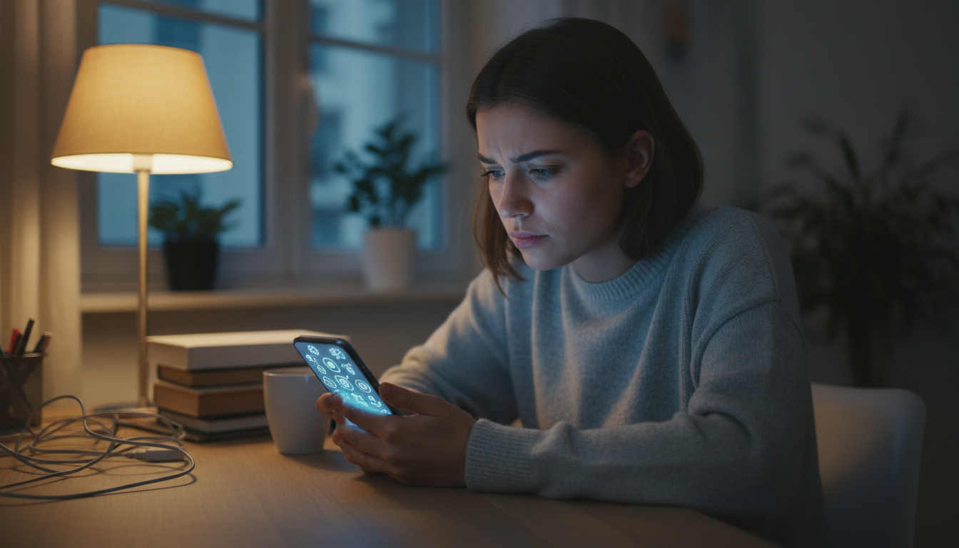 Femme stressée par les messages professionnels le soir