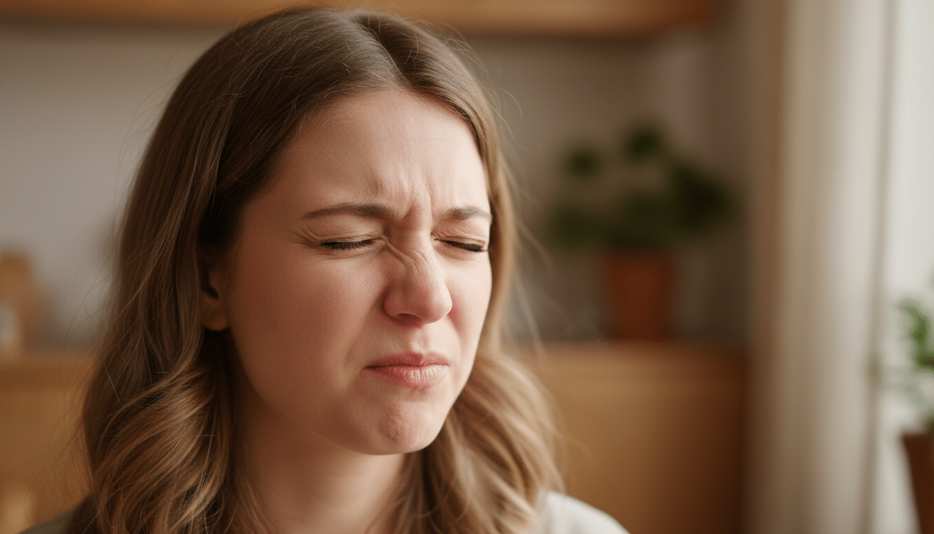 Femme sur le point d'éternuer les yeux fermés