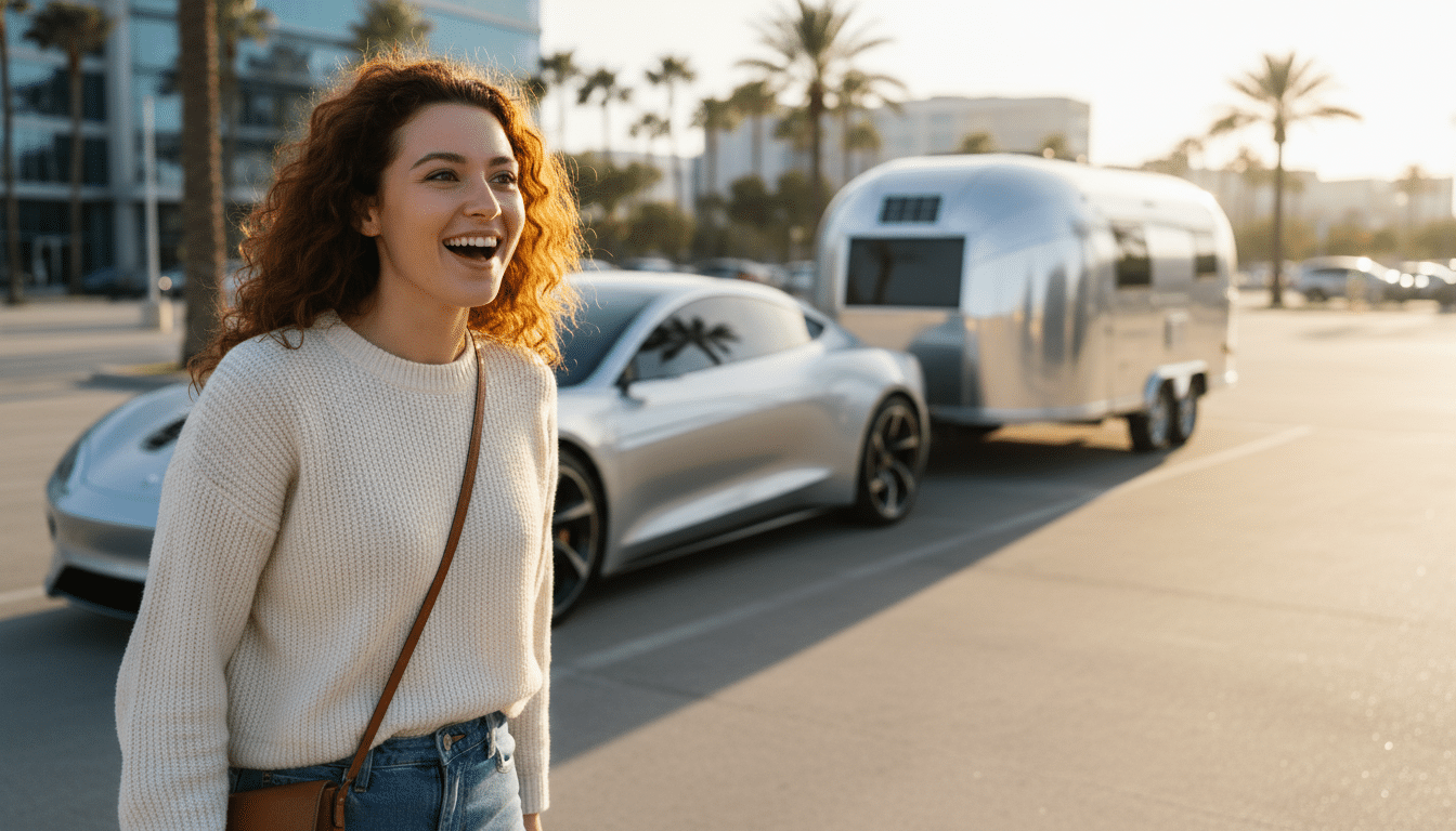 Femme surprise devant un véhicule électrique avec remorque