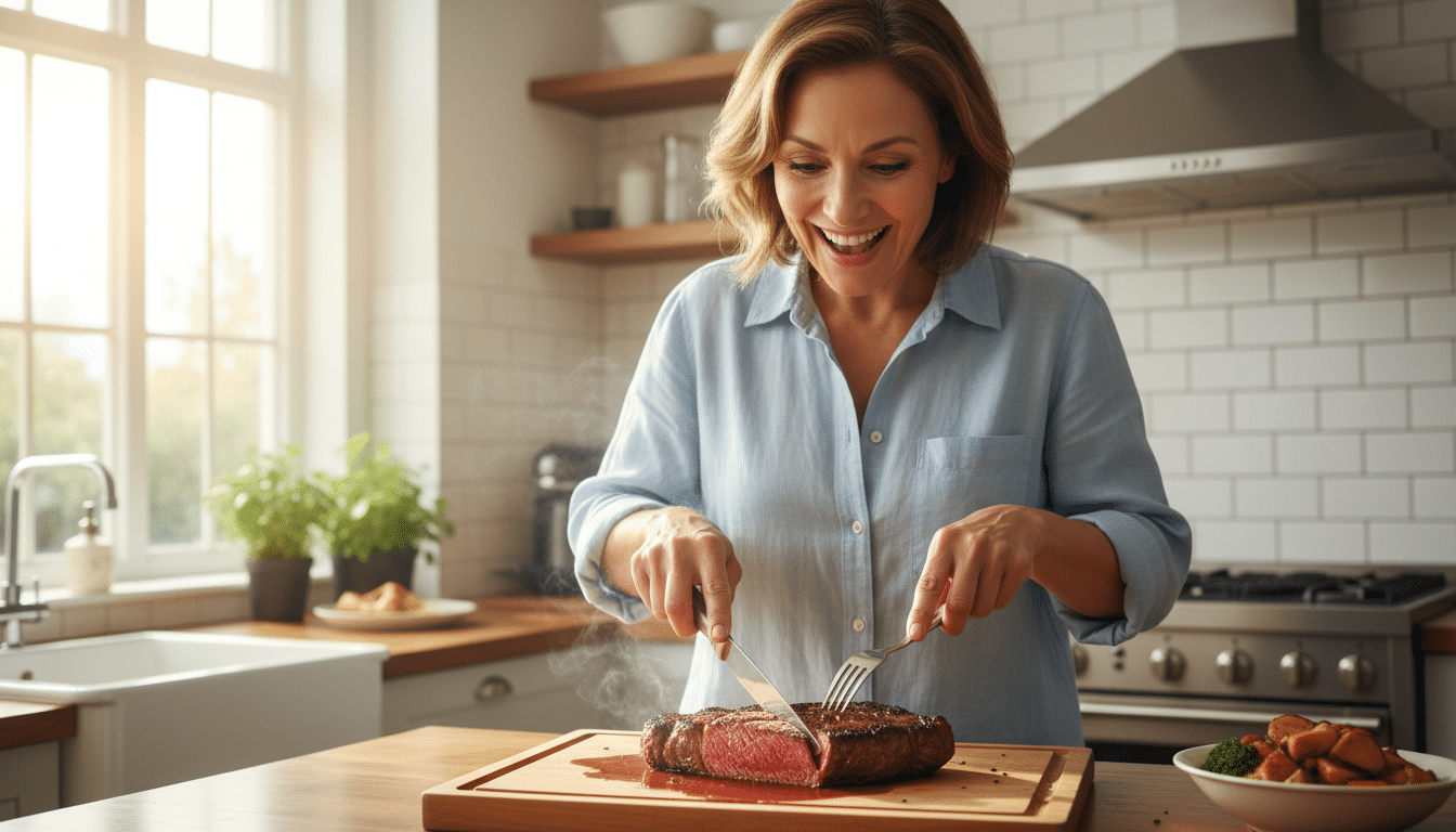 Femme surprise en coupant un steak juteux