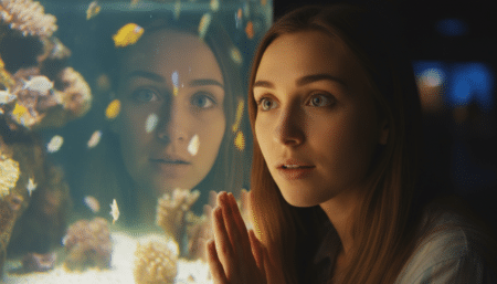 Femme surprise en regardant un aquarium illuminé