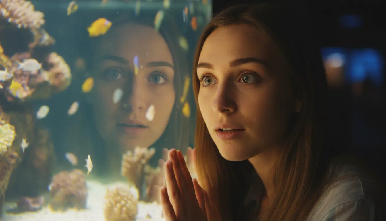 Femme surprise en regardant un aquarium illuminé